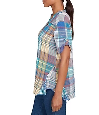 Ruby Rd. Petite Size Soft Crinkle Plaid Y-Neck Short Button-Tab Sleeve Button-Front Shirt