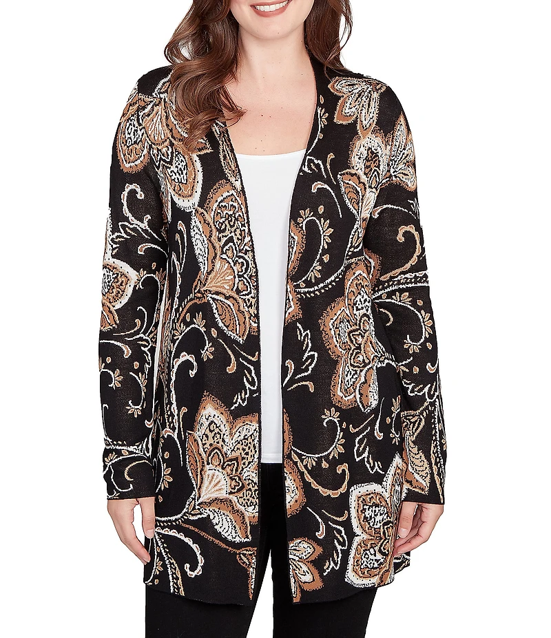 Ruby Rd. Petite Size Soft Fine-Gauge Jacquard Knit Floral Long Sleeve Open-Front Cardigan
