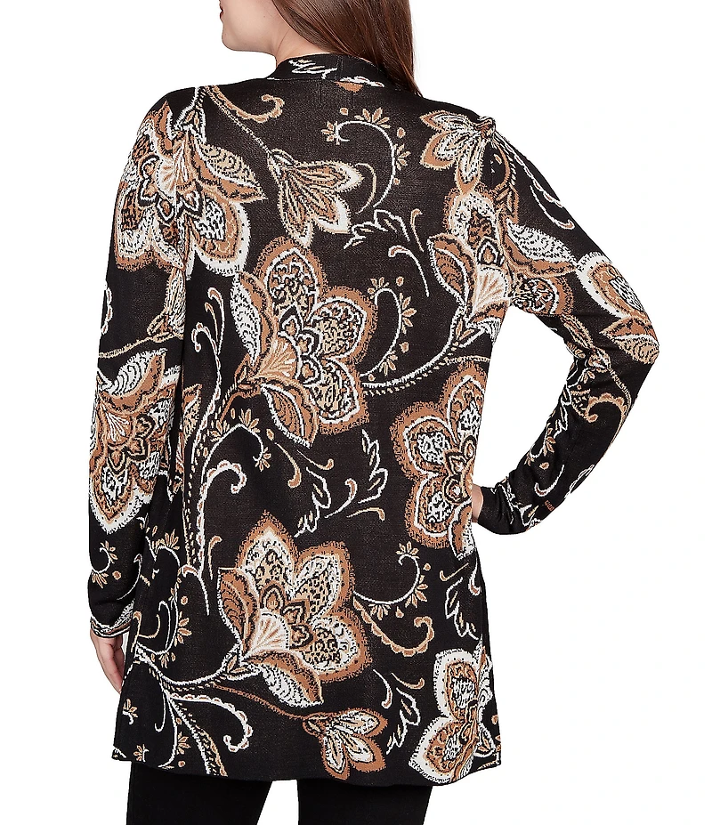 Ruby Rd. Petite Size Soft Fine-Gauge Jacquard Knit Floral Long Sleeve Open-Front Cardigan