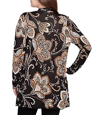 Ruby Rd. Petite Size Soft Fine-Gauge Jacquard Knit Floral Long Sleeve Open-Front Cardigan