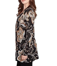 Ruby Rd. Petite Size Soft Fine-Gauge Jacquard Knit Floral Long Sleeve Open-Front Cardigan