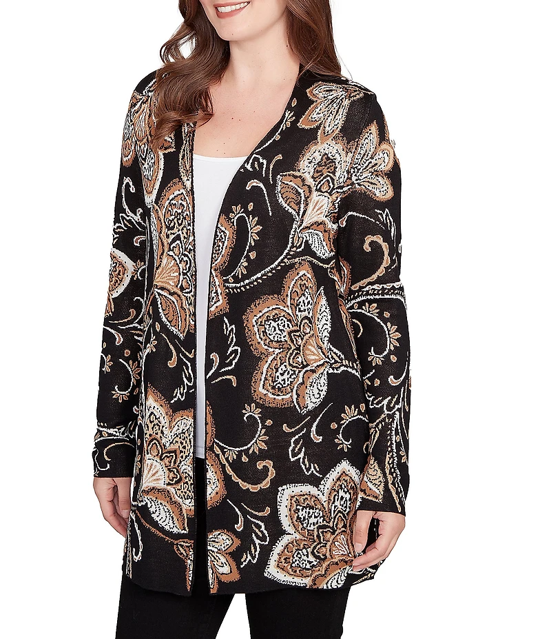Ruby Rd. Petite Size Soft Fine-Gauge Jacquard Knit Floral Long Sleeve Open-Front Cardigan