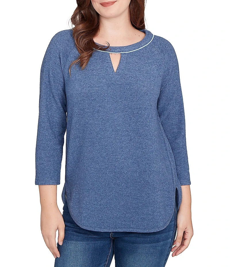Ruby Rd. Petite Size Soft Hatchi Knit Keyhole Neck 3/4 Sleeve Top