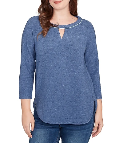 Ruby Rd. Petite Size Soft Hatchi Knit Keyhole Neck 3/4 Sleeve Top