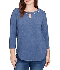 Ruby Rd. Petite Size Soft Hatchi Knit Keyhole Neck 3/4 Sleeve Top