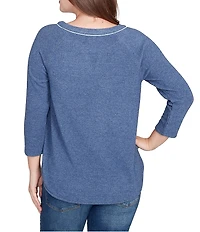 Ruby Rd. Petite Size Soft Hatchi Knit Keyhole Neck 3/4 Sleeve Top