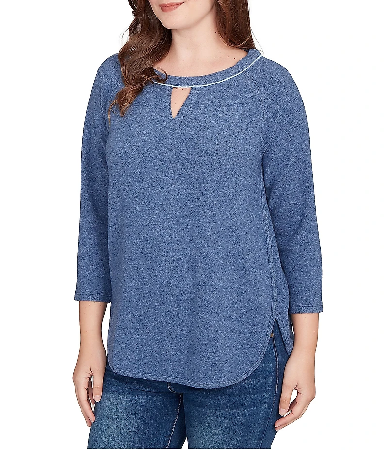 Ruby Rd. Petite Size Soft Hatchi Knit Keyhole Neck 3/4 Sleeve Top