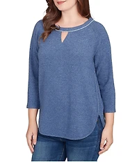 Ruby Rd. Petite Size Soft Hatchi Knit Keyhole Neck 3/4 Sleeve Top