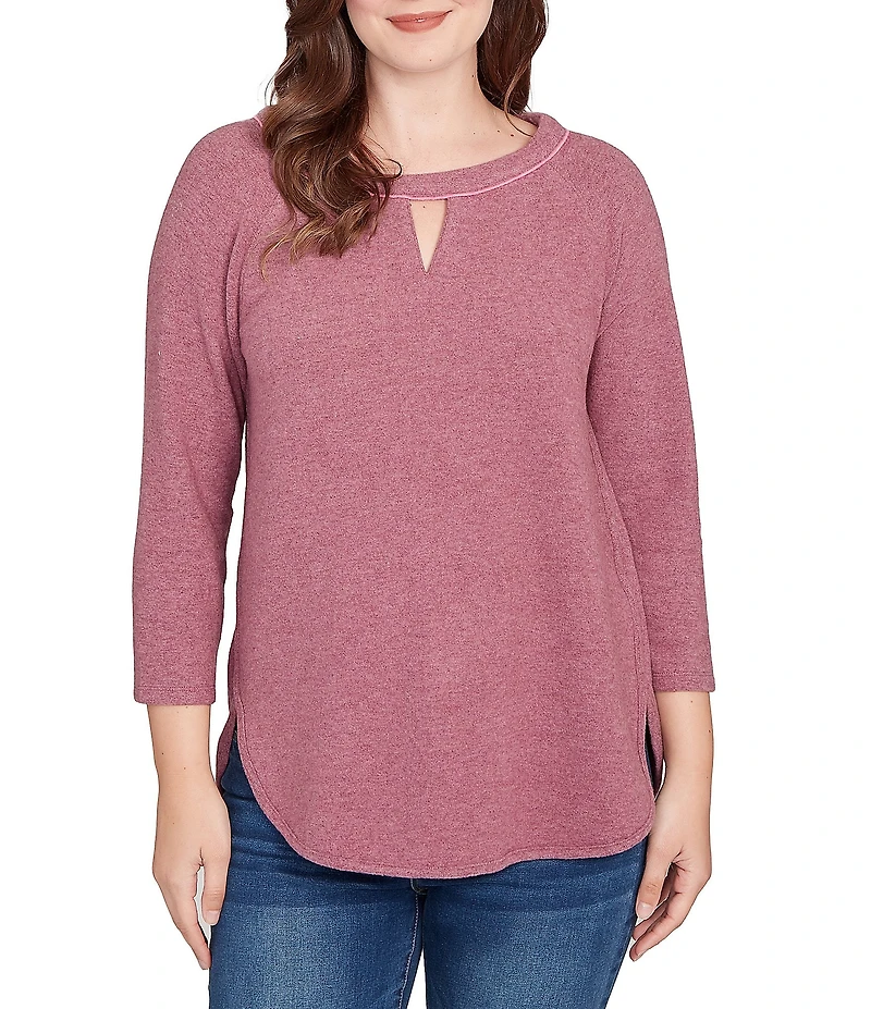Ruby Rd. Petite Size Soft Hatchi Knit Keyhole Neck 3/4 Sleeve Top