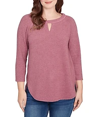 Ruby Rd. Petite Size Soft Hatchi Knit Keyhole Neck 3/4 Sleeve Top