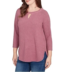 Ruby Rd. Petite Size Soft Hatchi Knit Keyhole Neck 3/4 Sleeve Top