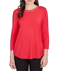 Ruby Rd. Petite Size Soft Jersey Knit Embellished Scoop Neck 3/4 Sleeve Top