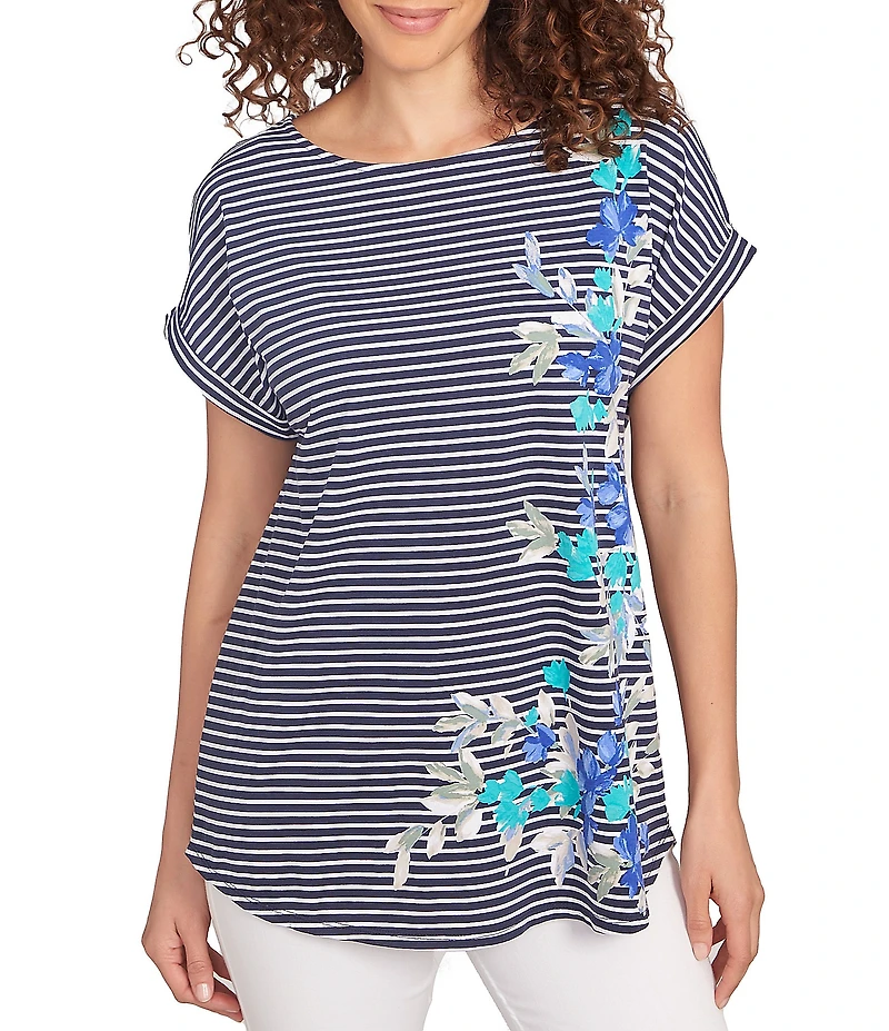 Ruby Rd. Petite Size Soft Jersey Knit Floral Stripe Boat Neck Short Cuff Sleeve Top