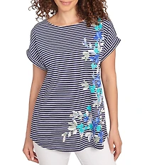 Ruby Rd. Petite Size Soft Jersey Knit Floral Stripe Boat Neck Short Cuff Sleeve Top