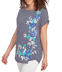 Ruby Rd. Petite Size Soft Jersey Knit Floral Stripe Boat Neck Short Cuff Sleeve Top