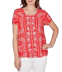 Ruby Rd. Petite Size Soft Knit Bandana Scoop Neck Short Sleeve Top