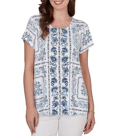 Ruby Rd. Petite Size Soft Knit Bandana Scoop Neck Short Sleeve Top