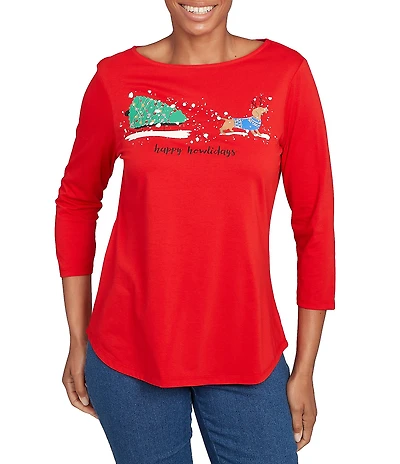 Ruby Rd. Petite Size Soft Knit Holiday Boat Neck 3/4 Sleeve Top