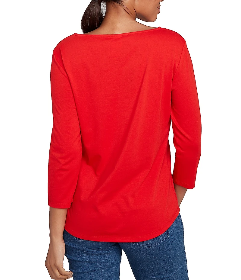 Ruby Rd. Petite Size Soft Knit Holiday Boat Neck 3/4 Sleeve Top