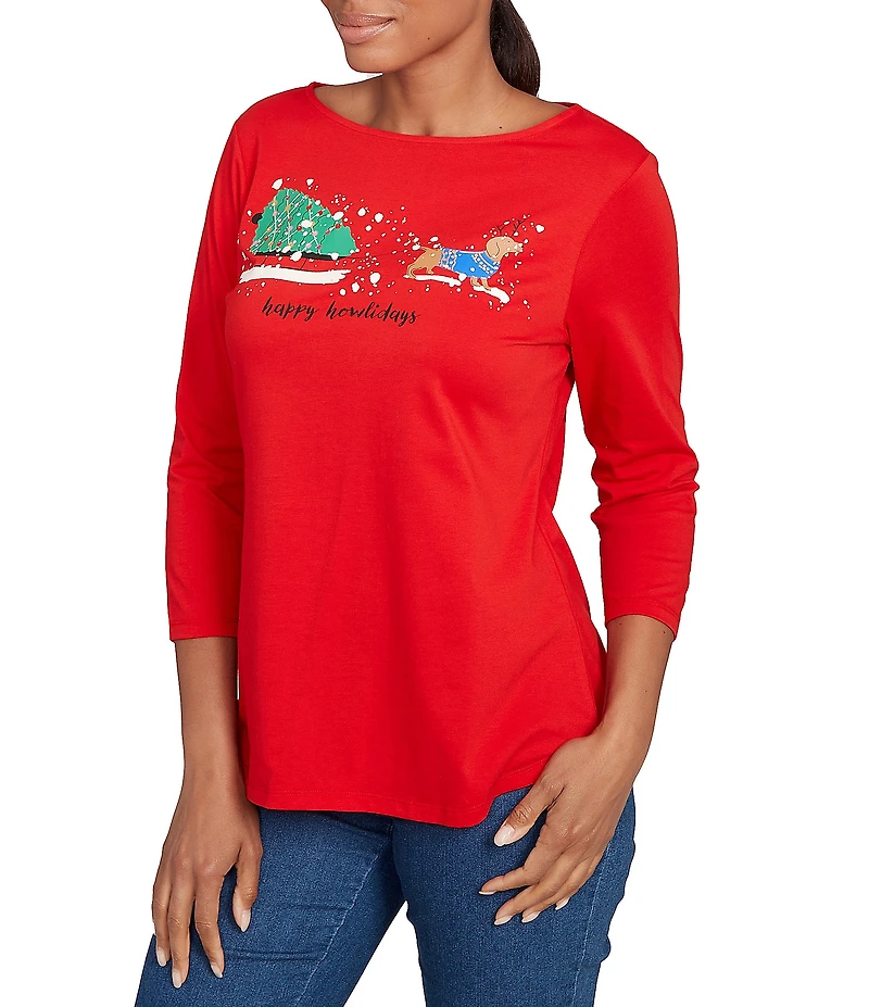 Ruby Rd. Petite Size Soft Knit Holiday Boat Neck 3/4 Sleeve Top