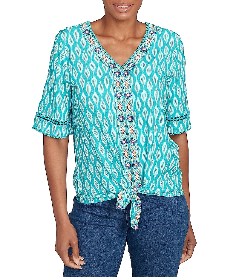 Ruby Rd. Petite Size Soft Linen Blend Crepe Geometric Print V-Neck Short Sleeve Tie-Front Top