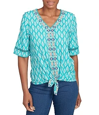 Ruby Rd. Petite Size Soft Linen Blend Crepe Geometric Print V-Neck Short Sleeve Tie-Front Top