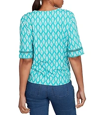 Ruby Rd. Petite Size Soft Linen Blend Crepe Geometric Print V-Neck Short Sleeve Tie-Front Top