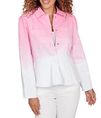 Ruby Rd. Petite Size Soft Ombre Wash Point Collar Long Sleeve Peplum Denim Jacket