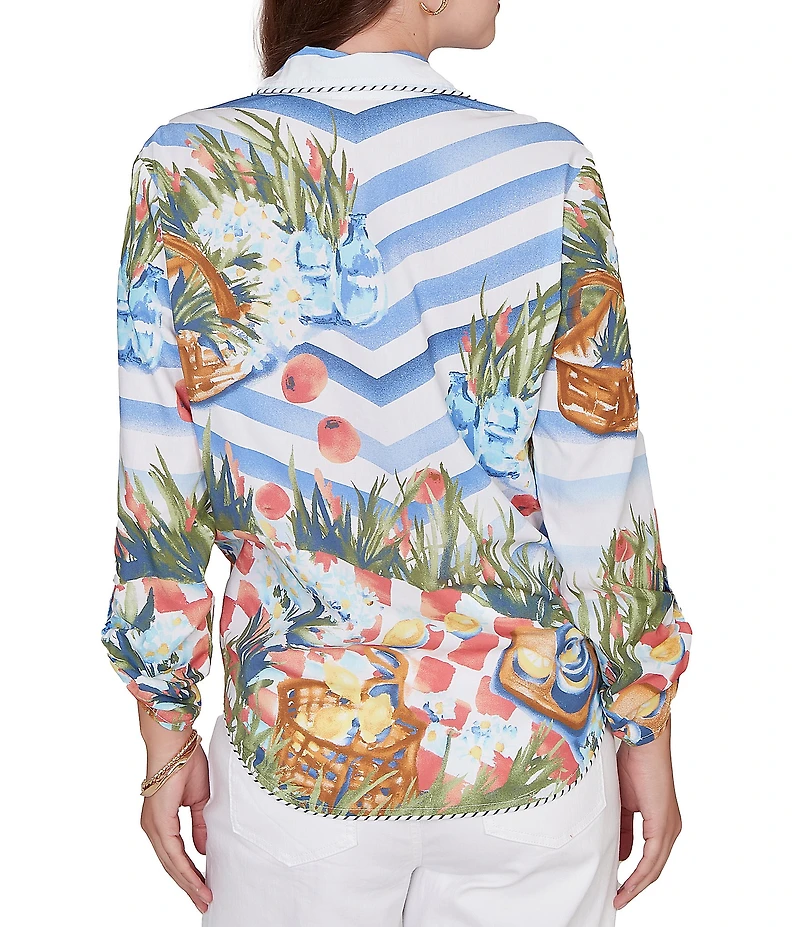 Ruby Rd. Petite Size Soft Poplin Woven Conversational Print Collared 3/4 Sleeve Picnic Top