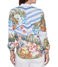 Ruby Rd. Petite Size Soft Poplin Woven Conversational Print Collared 3/4 Sleeve Picnic Top