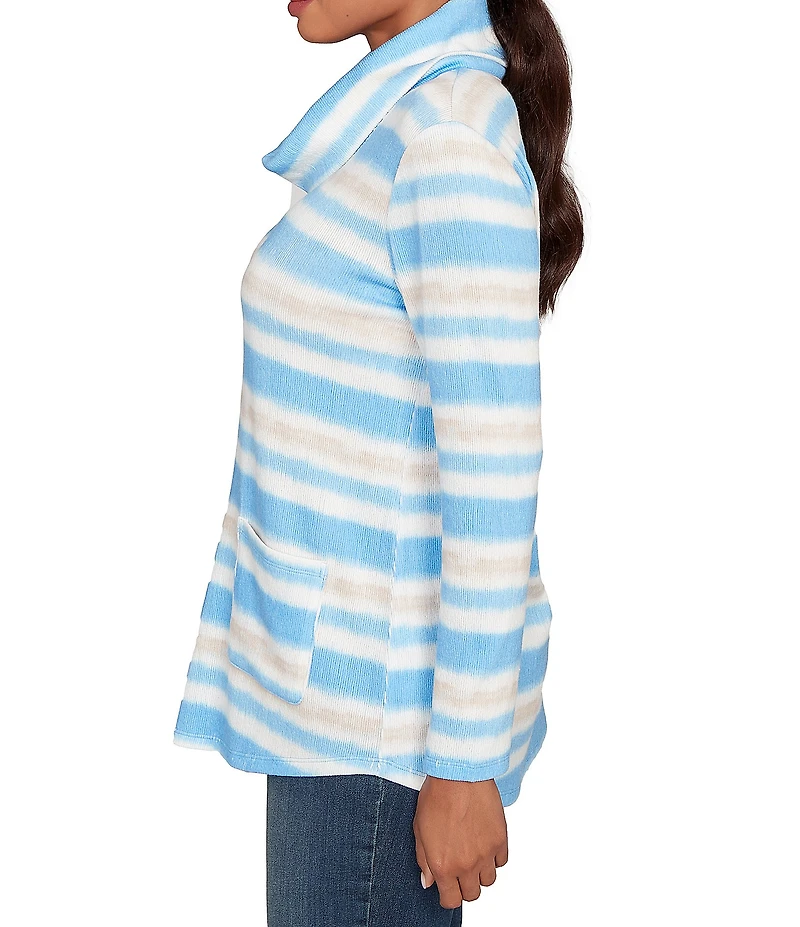 Ruby Rd. Petite Size Soft Ribbed Knit Stripe Draped Cowl Neck Long Sleeve Top