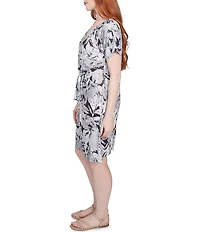 Ruby Rd. Petite Size Soft Slub Jersey Batik Leaf Print V-Neck Short Sleeve Tie-Front Sheath Dress
