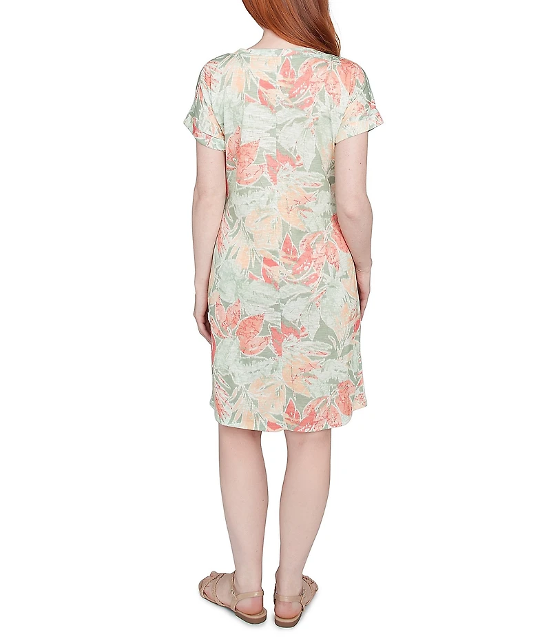 Ruby Rd. Petite Size Soft Slub Jersey Batik Leaf Print V-Neck Short Sleeve Tie-Front Sheath Dress