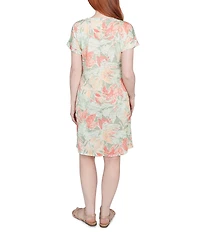 Ruby Rd. Petite Size Soft Slub Jersey Batik Leaf Print V-Neck Short Sleeve Tie-Front Sheath Dress