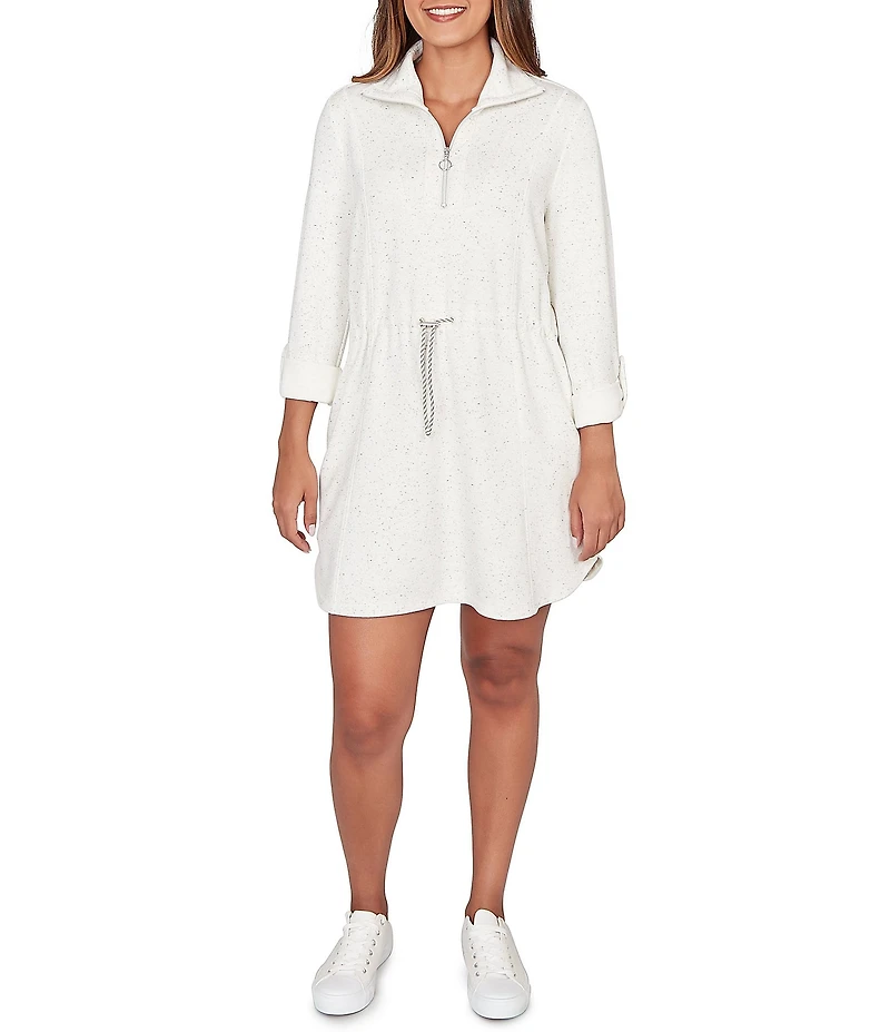 Ruby Rd. Petite Size Soft Speckled Knit Drawstring Waist Quarter-Zip Dress