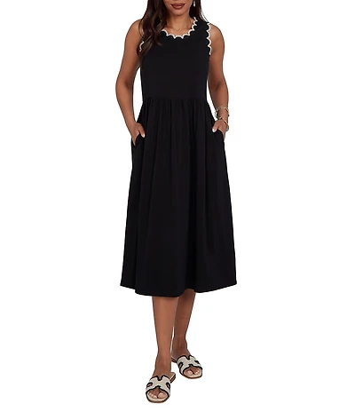 Ruby Rd. Petite Size Soft Stretch Cotton Knit Crochet Scoop Neck Sleeveless A-Line Midi Dress