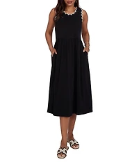Ruby Rd. Petite Size Soft Stretch Cotton Knit Crochet Scoop Neck Sleeveless A-Line Midi Dress