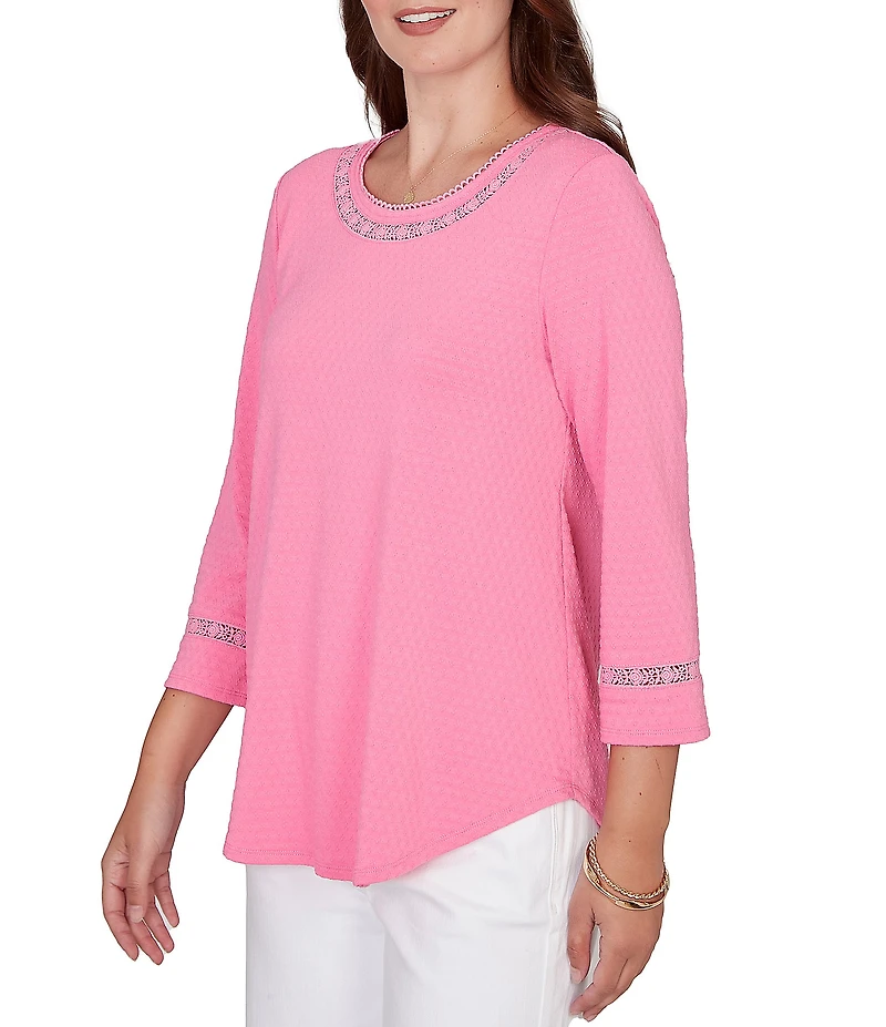 Ruby Rd. Petite Size Soft Textured Knit Crew Neck 3/4 Sleeve Lace Trim Top