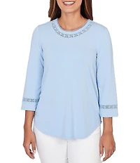 Ruby Rd. Petite Size Soft Textured Knit Crew Neck 3/4 Sleeve Lace Trim Top