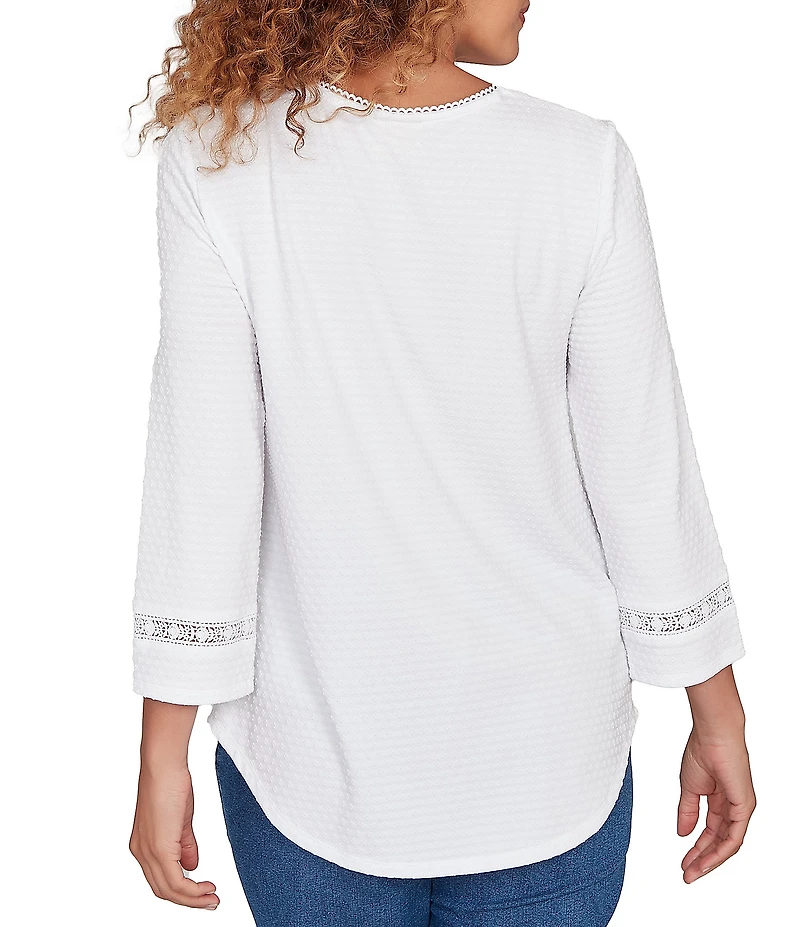 Ruby Rd. Petite Size Soft Textured Knit Crew Neck 3/4 Sleeve Lace Trim Top