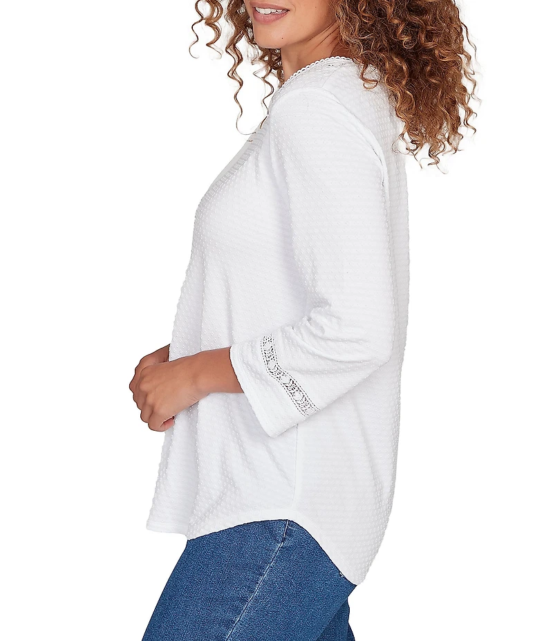 Ruby Rd. Petite Size Soft Textured Knit Crew Neck 3/4 Sleeve Lace Trim Top