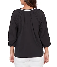Ruby Rd. Petite Size Soft Woven Embroidered Split V-Neck 3/4 Sleeve Top