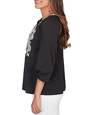 Ruby Rd. Petite Size Soft Woven Embroidered Split V-Neck 3/4 Sleeve Top