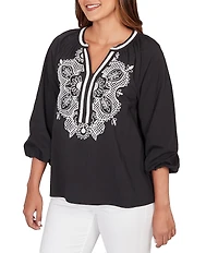 Ruby Rd. Petite Size Soft Woven Embroidered Split V-Neck 3/4 Sleeve Top