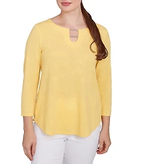 Ruby Rd. Petite Size Solid Paisley Floral Textured Knit Double Bar Detail Top