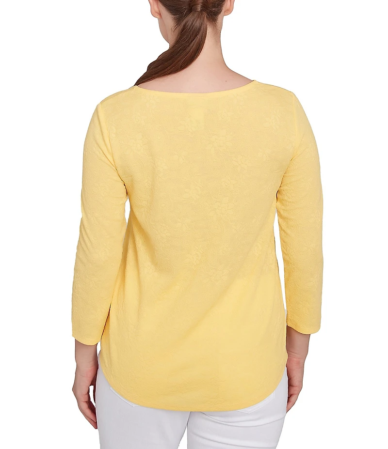 Ruby Rd. Petite Size Solid Paisley Floral Textured Knit Double Bar Detail Top