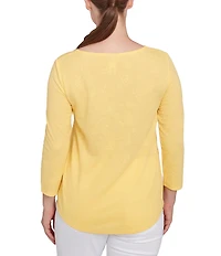 Ruby Rd. Petite Size Solid Paisley Floral Textured Knit Double Bar Detail Top