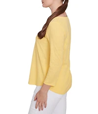 Ruby Rd. Petite Size Solid Paisley Floral Textured Knit Double Bar Detail Top