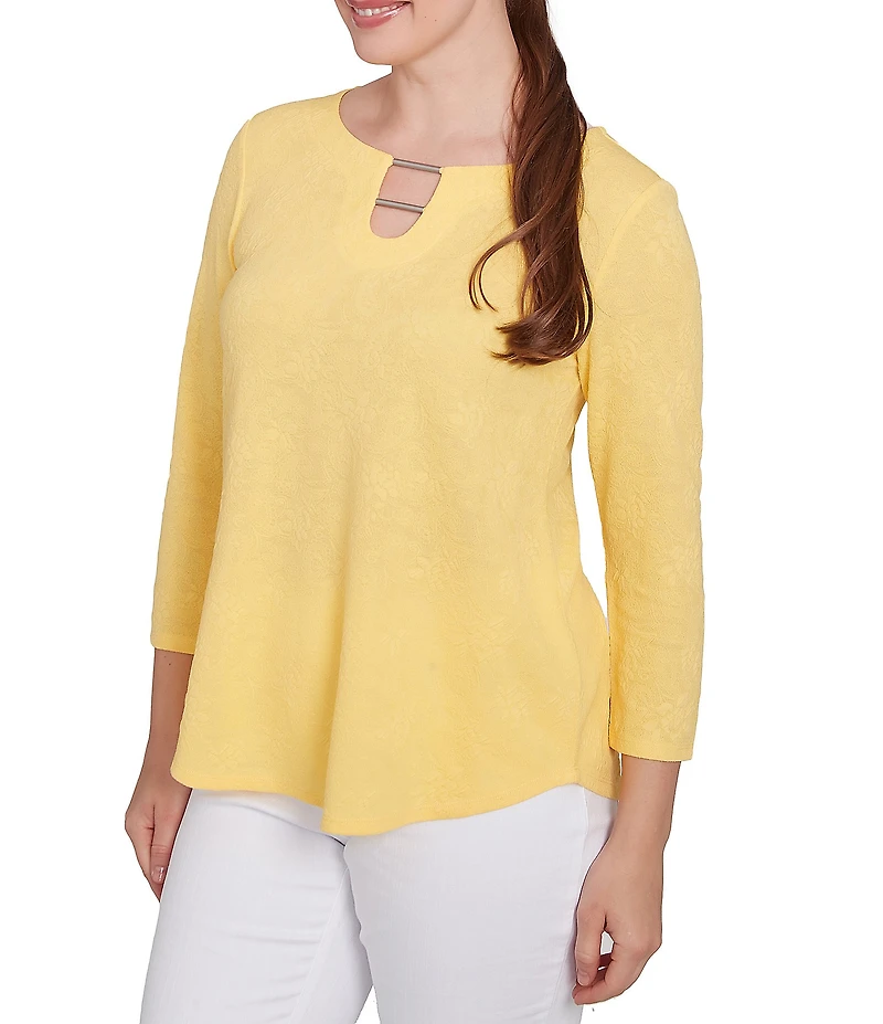 Ruby Rd. Petite Size Solid Paisley Floral Textured Knit Double Bar Detail Top