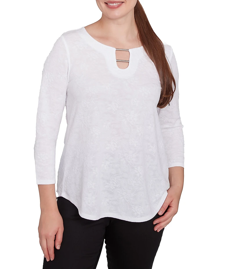Ruby Rd. Petite Size Solid Paisley Floral Textured Knit Double Bar Detail Top